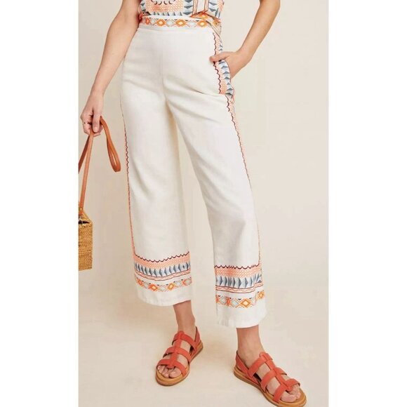 Anthropologie Pants - Anthropologie Cream Linen Tribal Islander Embroidered Cropped Pants Wide Leg 6